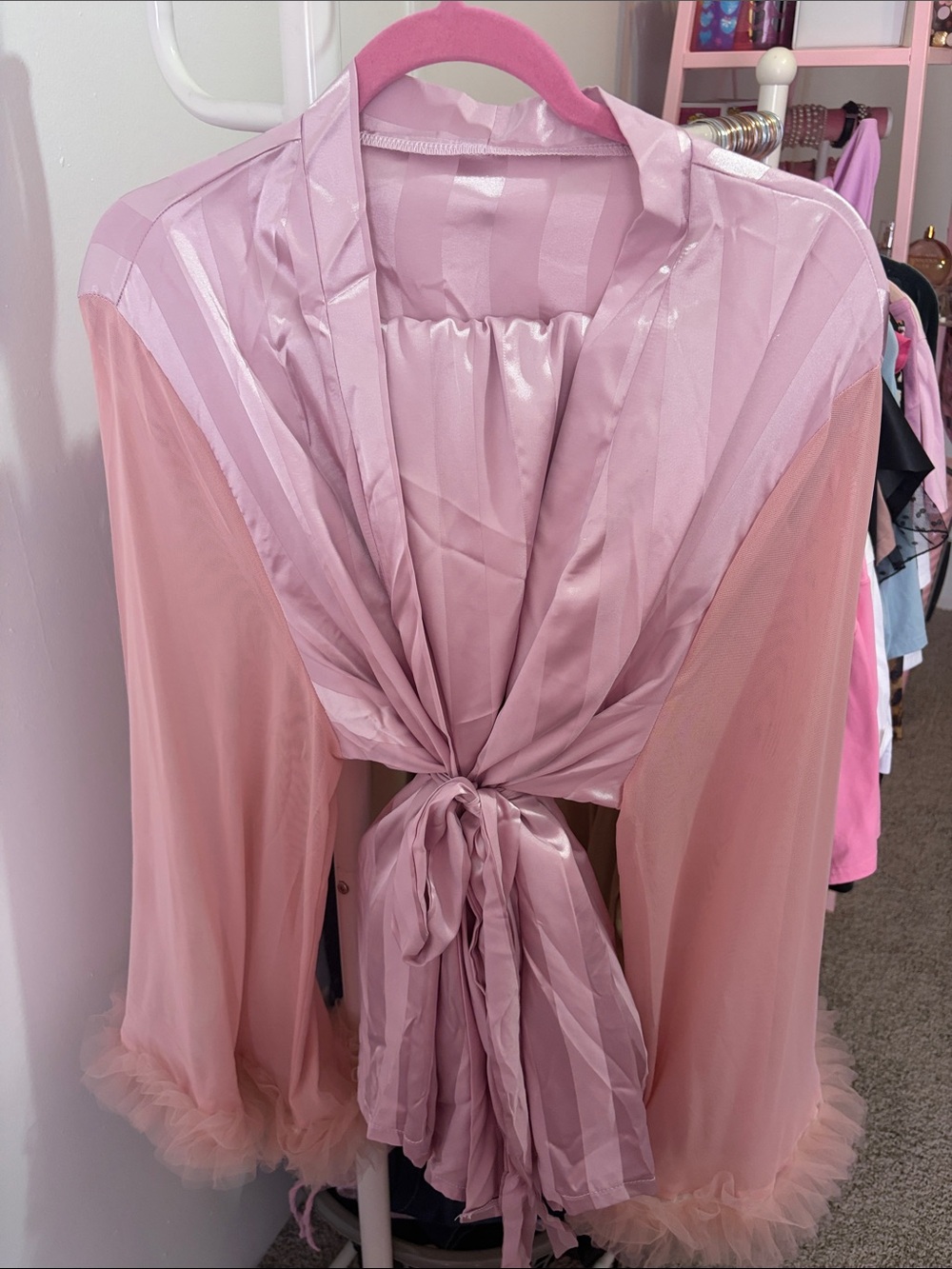 Sheer Pink Tie-Front Robe with Ruffle Trim